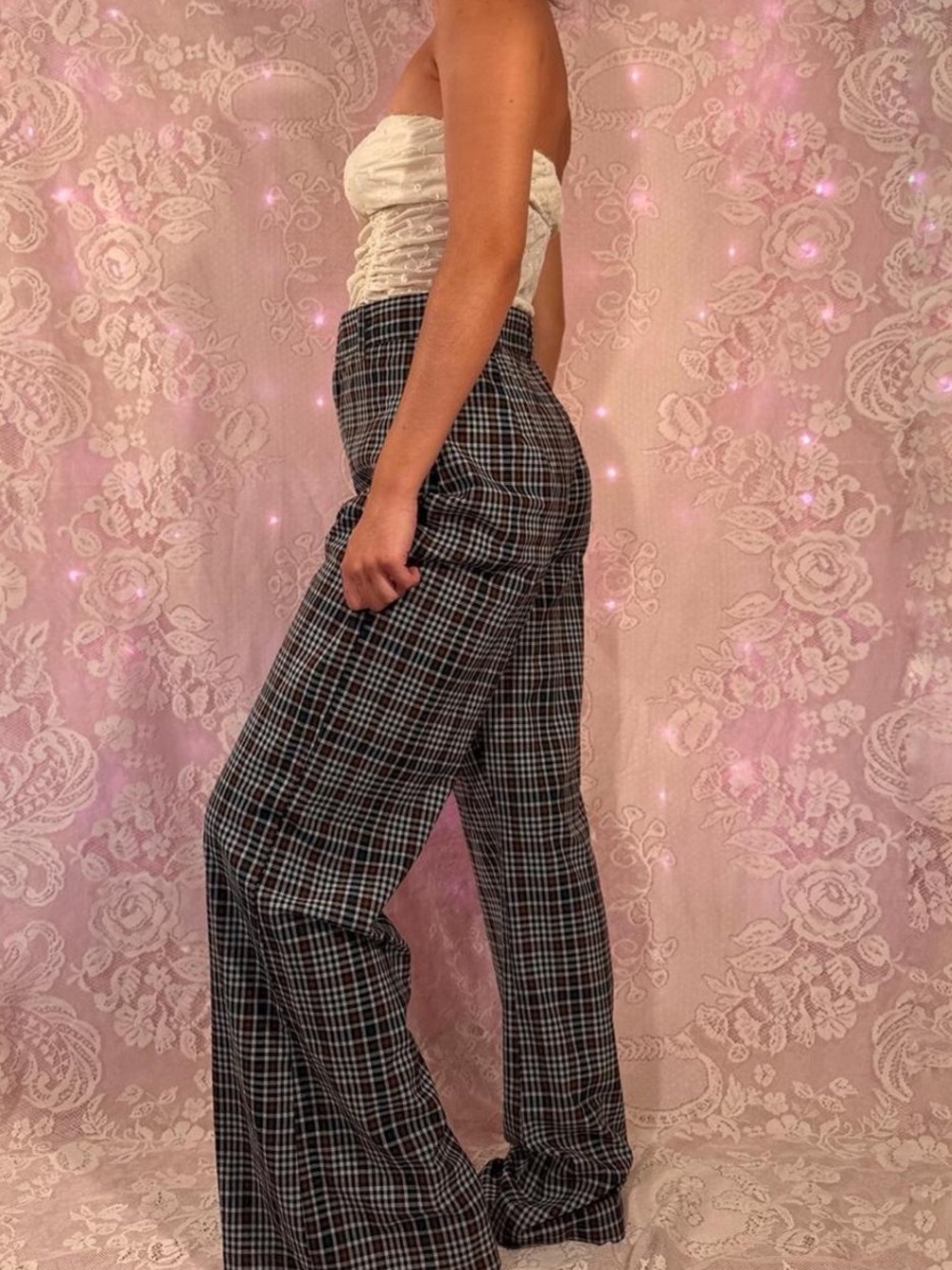 Free People Black & white plaid wide leg pants
